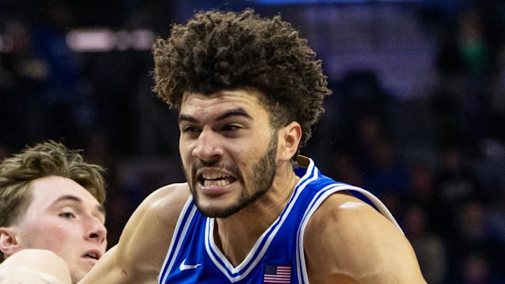 Feb 24, 2026; South Bend, Indiana, USA; Duke Blue Devils forward Cameron Boozer (12) drives as Notre Dame Fighting Irish guard Cole Certa (5) defends during the second half at Purcell Pavilion at the Joyce Center. Mandatory Credit: Michael Caterina-Imagn Images Feb 24, 2026; South Bend, Indiana, USA; Duke Blue Devils forward Cameron Boozer (12) drives as Notre Dame Fighting Irish guard Cole Certa (5) defends during the second half at Purcell Pavilion at the Joyce Center. Mandatory Credit: Michael Caterina-Imagn Images