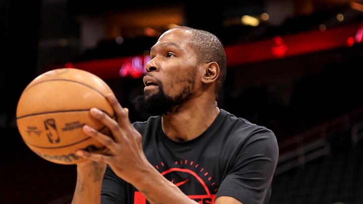 Mar 13, 2026; Houston, Texas, USA; Houston Rockets forward Kevin Durant (7) warms up prior to the game against the New Orleans Pelicans at Toyota Center. Mandatory Credit: Erik Williams-Imagn Images