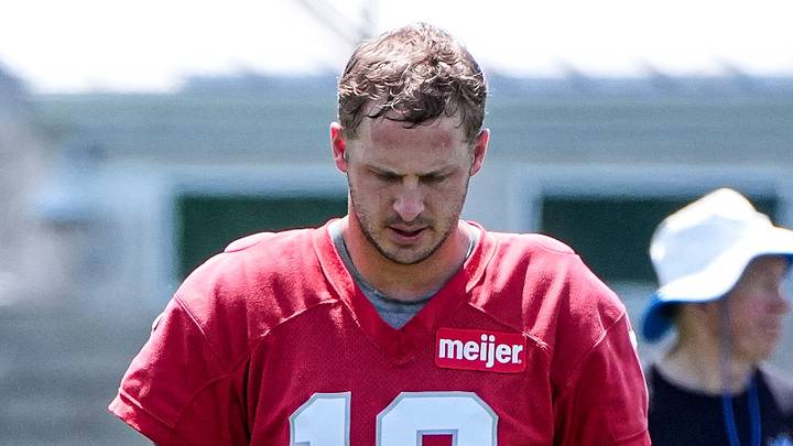 Detroit Lions quarterback Jared Goff (16) walks off the field after practice during OTAs at Meijer Performance Center in Allen Park on Thursday, June 11, 2026. Detroit Lions quarterback Jared Goff (16) walks off the field after practice during OTAs at Meijer Performance Center in Allen Park on Thursday, June 11, 2026.