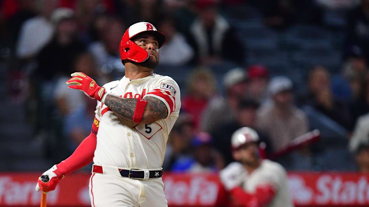 Los Angeles Angels third baseman Yoan Moncada (5) hits a solo home run against the New York Yankees during the ninth inning at Angel Stadium on May 27. Los Angeles Angels third baseman Yoan Moncada (5) hits a solo home run against the New York Yankees during the ninth inning at Angel Stadium on May 27.