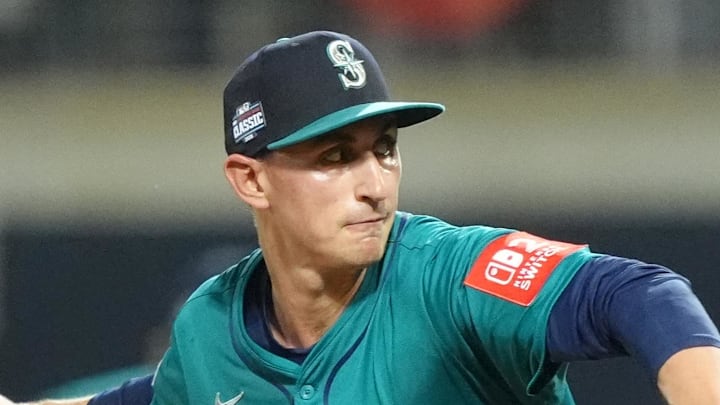 Seattle Mariners pitcher George Kirby throws against the New York Mets in the Little League Classic on Aug. 17 at Historic Bowman Field.