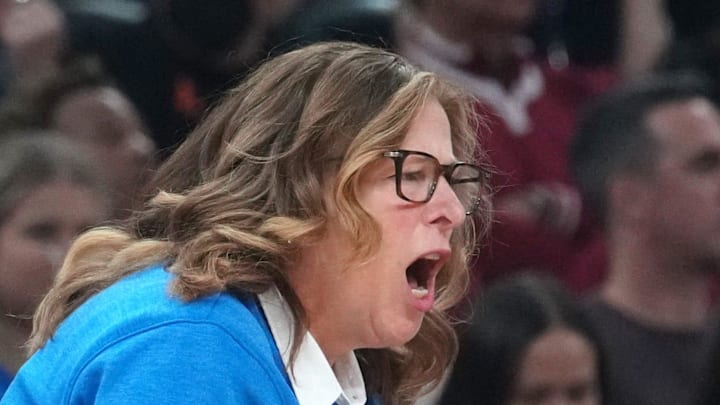 UCLA Bruins head coach Cori Close yells out to her players aas they take on the South Carolina Gamecocks during their NCAA women's basketball national championship game at Mortgage Matchup Center in Phoenix on April 5, 2026.