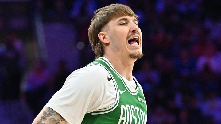 Apr 26, 2026; Philadelphia, Pennsylvania, USA; Boston Celtics guard Baylor Scheierman (55) reacts after making a three point basket against the Philadelphia 76ers during the first half at Xfinity Mobile Arena. Mandatory Credit: Eric Hartline-Imagn Images