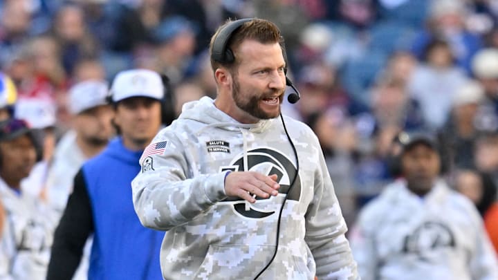 Nov 17, 2024; Foxborough, Massachusetts, USA;  Los Angeles Rams head coach Sean McVay reacts to game action during the first half against the New England Patriots at Gillette Stadium. Mandatory Credit: Eric Canha-Imagn Images