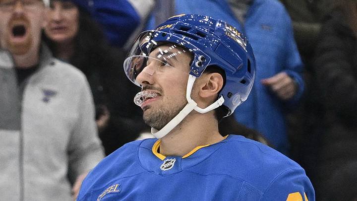 Jan 16, 2026; St. Louis, Missouri, USA; St. Louis Blues right wing Jordan Kyrou (25) looks on during overtime against the Tampa Bay Lightning at Enterprise Center. Mandatory Credit: Jeff Le-Imagn Images