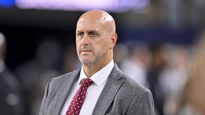 Nov 3, 2025; Arlington, Texas, USA; Arizona Cardinals general manager Monti Ossenfort looks on before the game between the Dallas Cowboys and the Arizona Cardinals at AT&T Stadium. Mandatory Credit: Jerome Miron-Imagn Images