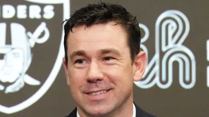 Feb 10, 2026; Henderson, NV, USA; Las Vegas Raiders coach Klint Kubiak speaks at introductory press conference at Intermountain Health Performance Center. Mandatory Credit: Kirby Lee-Imagn Images
