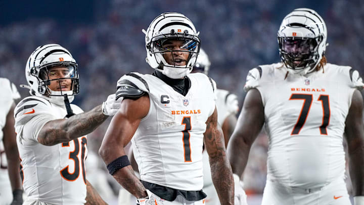 Cincinnati Bengals wide receiver Ja'Marr Chase (1) celebrates a touchdown catch in the second quarter of the NFL Week 7 game between the Cincinnati Bengals and the Pittsburgh Steelers at Paycor Stadium in downtown Cincinnati on Thursday, Oct. 16, 2025.