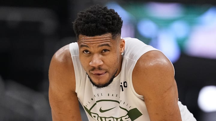 Milwaukee Bucks forward Giannis Antetokounmpo (34) during warmups prior to the game against the New Orleans Pelicans at Fiserv Forum on February 4, 2026. 