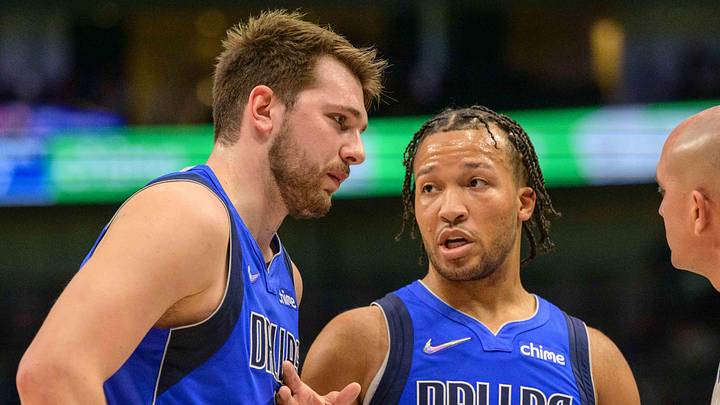 Feb 8, 2022; Dallas, Texas, USA; Dallas Mavericks guard Luka Doncic (77) and guard Jalen Brunson (13) talk with NBA referee Jacyn Goble (68) during the first quarter against the Detroit Pistons at the American Airlines Center. Mandatory Credit: Jerome Miron-Imagn Images Feb 8, 2022; Dallas, Texas, USA; Dallas Mavericks guard Luka Doncic (77) and guard Jalen Brunson (13) talk with NBA referee Jacyn Goble (68) during the first quarter against the Detroit Pistons at the American Airlines Center. Mandatory Credit: Jerome Miron-Imagn Images