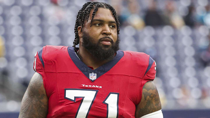 Houston Texans offensive tackle Tytus Howard (71) walks off the field before the game against the Jacksonville Jaguars at NRG Stadium.