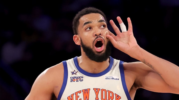 Feb 1, 2026; New York, New York, USA; New York Knicks center Karl-Anthony Towns (32) reacts during the third quarter against the Los Angeles Lakers at Madison Square Garden. Mandatory Credit: Brad Penner-Imagn Images