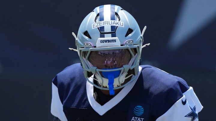 Jul 26, 2025; Oxnard, CA, USA; Dallas Cowboys defensive end Donovan Ezeiruaku (41) at training camp at the River Ridge Fields. Mandatory Credit: Kirby Lee-Imagn Images