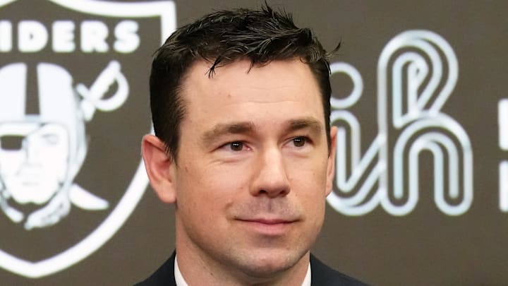 Feb 10, 2026; Henderson, NV, USA; Las Vegas Raiders coach Klint Kubiak speaks at introductory press conference at Intermountain Health Performance Center. Mandatory Credit: Kirby Lee-Imagn Images Feb 10, 2026; Henderson, NV, USA; Las Vegas Raiders coach Klint Kubiak speaks at introductory press conference at Intermountain Health Performance Center. Mandatory Credit: Kirby Lee-Imagn Images