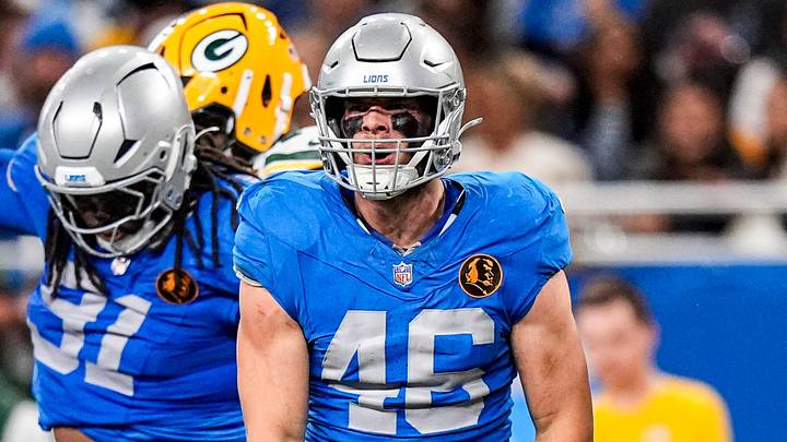 Detroit Lions linebacker Jack Campbell (46) celebrates a tackle against Green Bay Packers during the second half at Ford Field in Detroit on Thursday, Nov. 27, 2025. Detroit Lions linebacker Jack Campbell (46) celebrates a tackle against Green Bay Packers during the second half at Ford Field in Detroit on Thursday, Nov. 27, 2025.