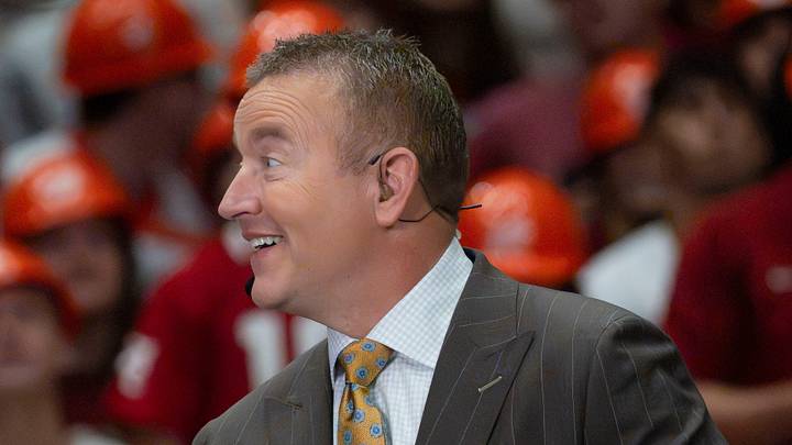 Oct. 10, 2026; Tuscaloosa, AL, USA;  ESPN’s College GameDay show airs from inside Coleman Coliseum to avoid the weather caused by Hurricane Isaias. Co-host Kirk Herbstreit talks on set during the show.