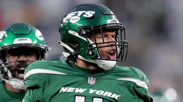 Dec 3, 2023; East Rutherford, New Jersey, USA; New York Jets linebacker Jermaine Johnson (11) reacts during the fourth quarter against the Atlanta Falcons at MetLife Stadium. Mandatory Credit: Brad Penner-Imagn Images