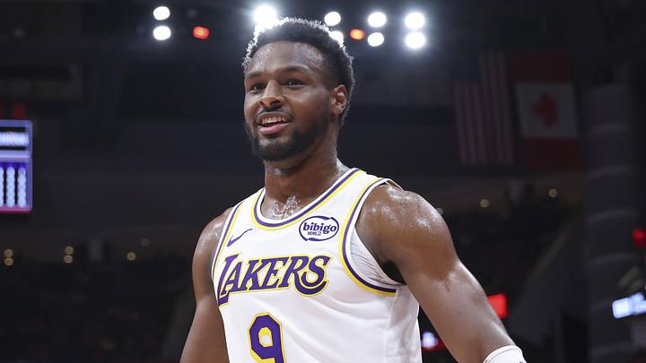 Apr 26, 2026; Houston, Texas, USA; Los Angeles Lakers guard Bronny James (9) reacts after a play during the fourth quarter against the Houston Rockets during game four of the first round of the 2026 NBA Playoffs at Toyota Center. Mandatory Credit: Troy Taormina-Imagn Images