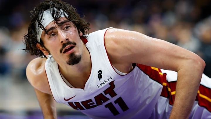 Miami Heat forward Jaime Jaquez Jr. (11) reacts  (Mandatory Credit: Sergio Estrada-Imagn Images)