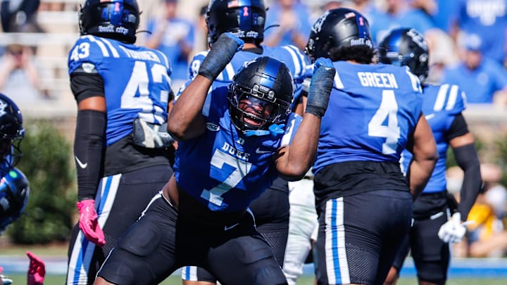 Oct 18, 2025; Durham, North Carolina, USA; Duke Blue Devils wide receiver Que'Sean Brown (7) celebrates a down during the first half of the game against Georgia Tech Yellow Jackets at Wallace Wade Stadium. Mandatory Credit: Jaylynn Nash-Imagn Images Oct 18, 2025; Durham, North Carolina, USA; Duke Blue Devils wide receiver Que'Sean Brown (7) celebrates a down during the first half of the game against Georgia Tech Yellow Jackets at Wallace Wade Stadium. Mandatory Credit: Jaylynn Nash-Imagn Images