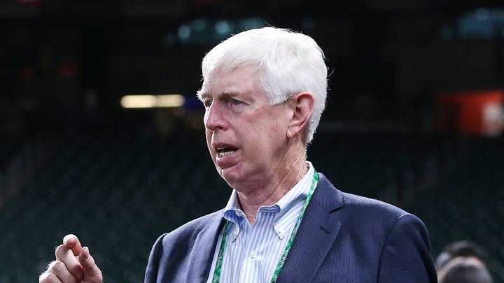 Oct 25, 2021; Houston, Texas, USA;  Atlanta Braves chairman Terry McGuirk (right) talks with general manager Alex Anthopoulos (left) during workouts before Game 1 of the World Series between the Houston Astros and the Atlanta Braves at Minute Maid Park. Mandatory Credit: Troy Taormina-USA TODAY Sports