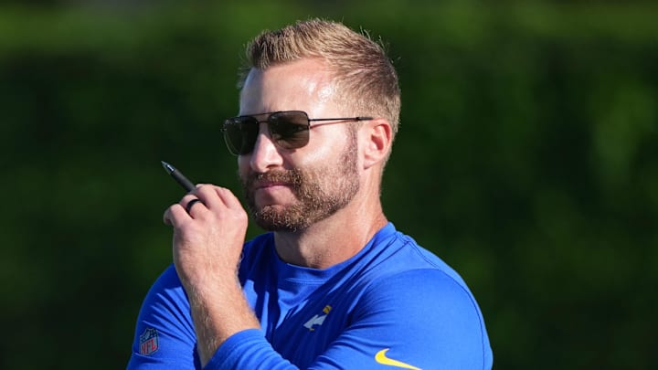 Jul 23, 2025; Los Angeles, CA, USA; Los Angeles Rams coach Sean McVay during training camp at Loyola Marymount University. Mandatory Credit: Kirby Lee-Imagn Images