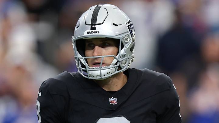 Oct 18, 2026; Paradise, Nevada, USA;  Las Vegas Raiders quarterback Kirk Cousins (8) looks on in the third quarter against the Buffalo Bills at Allegiant Stadium.  Mandatory Credit: David Brytus-Imagn Images