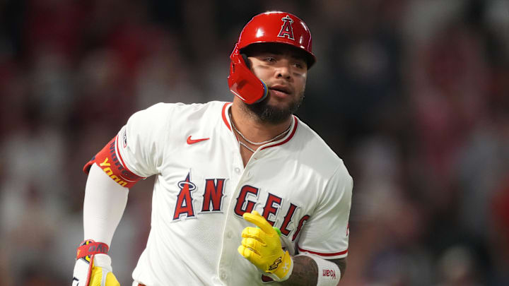 Aug 22, 2025; Anaheim, California, USA; Los Angeles Angels third baseman Yoan Moncada (5) runs the bases after hitting a home run in the seventh inning against the Chicago Cubs at Angel Stadium. Mandatory Credit: Kirby Lee-Imagn Images