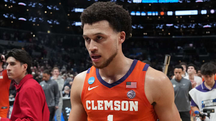 Mar 30, 2024; Los Angeles, CA, USA; Clemson Tigers guard Chase Hunter (1) reacts after the game against the Alabama Crimson Tide in the finals of the West Regional of the 2024 NCAA Tournament at Crypto.com Arena. Mandatory Credit: Kirby Lee-Imagn Images