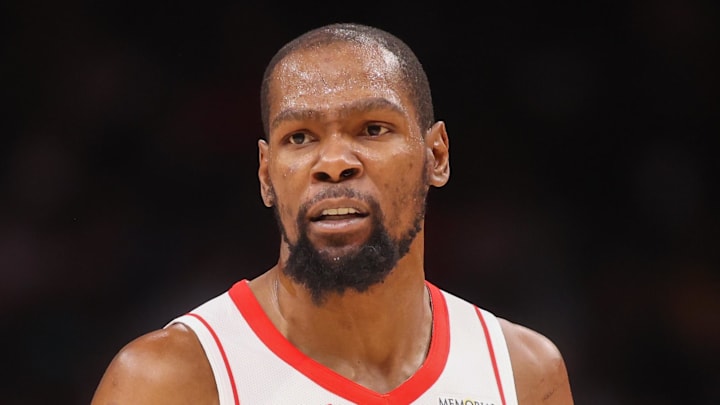 Jan 29, 2026; Atlanta, Georgia, USA; Houston Rockets forward Kevin Durant (7) reacts to a referee against the Atlanta Hawks in the second quarter at State Farm Arena. Mandatory Credit: Brett Davis-Imagn Images