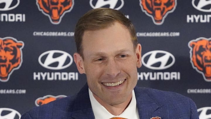 Jan 22, 2025; Lake Forest, IL, USA; Chicago Bears head coach Ben Johnson answers questions during a introductory press conference at PNC Center. Mandatory Credit: David Banks-Imagn Images Jan 22, 2025; Lake Forest, IL, USA; Chicago Bears head coach Ben Johnson answers questions during a introductory press conference at PNC Center. Mandatory Credit: David Banks-Imagn Images
