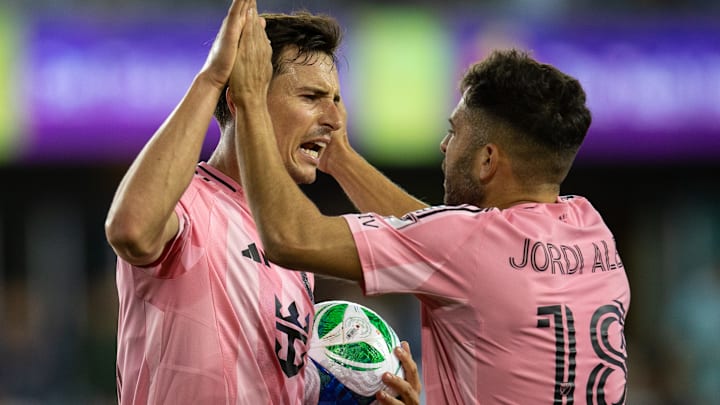 Tadeo Allende (left) and Jordi Alba (right) celebrate a goal in Inter Miami's draw with San Jose Earthquakes.