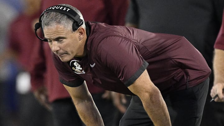 Sep 28, 2024; Dallas, Texas, USA; Florida State Seminoles head coach Mike Norvell during the game between the Southern Methodist Mustangs and the Florida State Seminoles at Gerald J. Ford Stadium. Mandatory Credit: Jerome Miron-Imagn Images