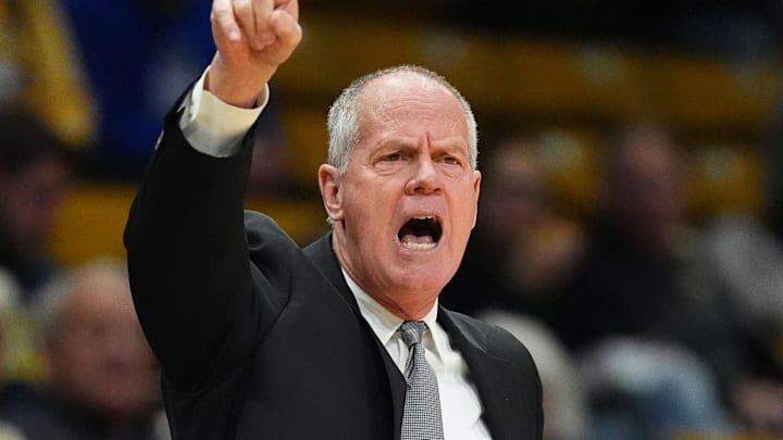 Dec 13, 2024; Boulder, Colorado, USA; Colorado Buffaloes head coach Tad Boyle calls out in the first half against the South Dakota State Jackrabbits at CU Events Center.