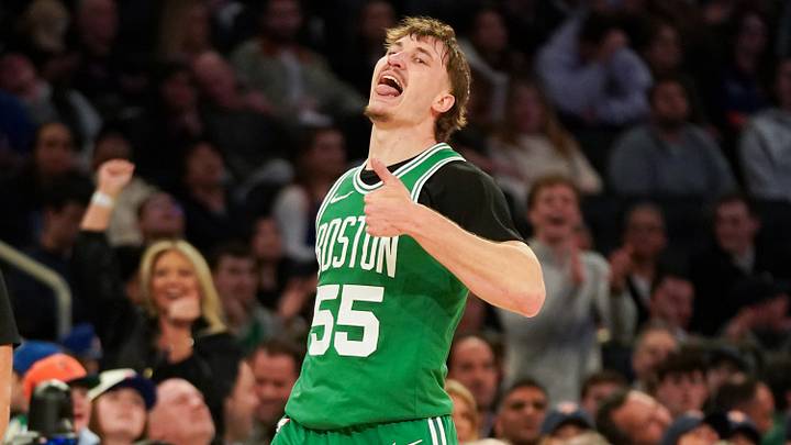 Apr 9, 2026; New York, New York, USA; Boston Celtics guard Baylor Scheierman (55) reacts after hitting a three pointer during the fourth quarter against the New York Knicks at Madison Square Garden. Mandatory Credit: Lucas Boland-Imagn Images Apr 9, 2026; New York, New York, USA; Boston Celtics guard Baylor Scheierman (55) reacts after hitting a three pointer during the fourth quarter against the New York Knicks at Madison Square Garden. Mandatory Credit: Lucas Boland-Imagn Images