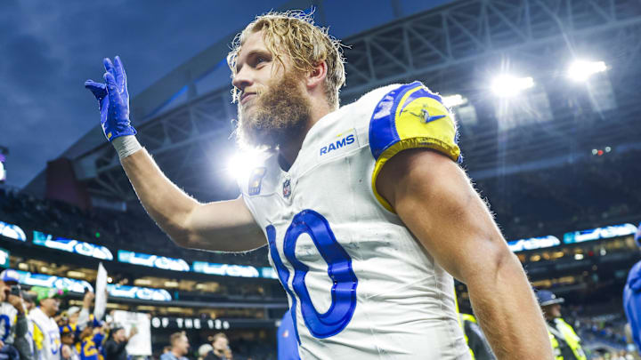 Nov 3, 2024; Seattle, Washington, USA; Los Angeles Rams wide receiver Cooper Kupp (10) waves to fans following an  overtime victory against the Seattle Seahawks at Lumen Field. Mandatory Credit: Joe Nicholson-Imagn Images