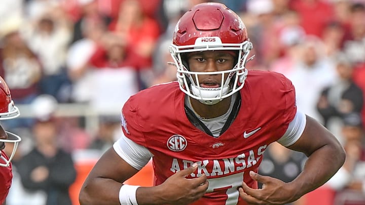 Arkansas Razorbacks quarterback KJ Jackson on the field against the Texas A&M Aggies at Razorback Stadium in Fayetteville, Ark.