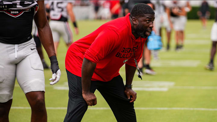Georgia assistant coach and outside linebackers coach Chidera Uzo-Diribe during Georgia’s practice session on Dooley Field at Sanford Stadium in Athens, Ga., on Saturday, Aug. 9, 2025. (Tony Walsh/UGAAA)