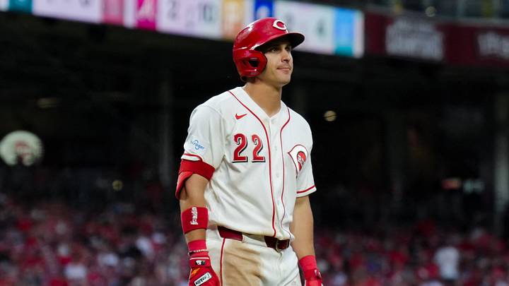 Jul 7, 2026; Cincinnati, Ohio, USA; Cincinnati Reds outfielder JJ Bleday (22) tosses his bat after striking out against the Philadelphia Phillies in the sixth inning at Great American Ball Park. Mandatory Credit: Aaron Doster-Imagn Images