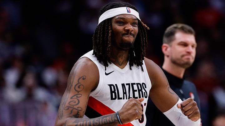 Apr 6, 2026; Denver, Colorado, USA; Portland Trail Blazers center Robert Williams III (35) reacts from the sideline in the third quarter against the Denver Nuggets at Ball Arena. Mandatory Credit: Isaiah J. Downing-Imagn Images