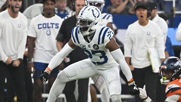 Sep 14, 2025; Indianapolis, Indiana, USA; Indianapolis Colts cornerback Kenny Moore II (23) celebrates tackling Denver Broncos wide receiver Troy Franklin (11) during the second quarter at Lucas Oil Stadium. Mandatory Credit: Robert Goddin-Imagn Images Sep 14, 2025; Indianapolis, Indiana, USA; Indianapolis Colts cornerback Kenny Moore II (23) celebrates tackling Denver Broncos wide receiver Troy Franklin (11) during the second quarter at Lucas Oil Stadium. Mandatory Credit: Robert Goddin-Imagn Images