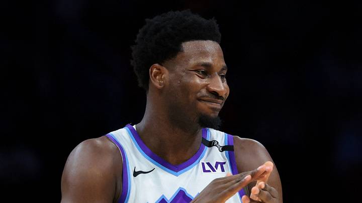 Feb 9, 2026; Miami, Florida, USA; Utah Jazz forward Jaren Jackson Jr. (20) reacts against the Miami Heat during the first quarter at Kaseya Center. Mandatory Credit: Sam Navarro-Imagn Images