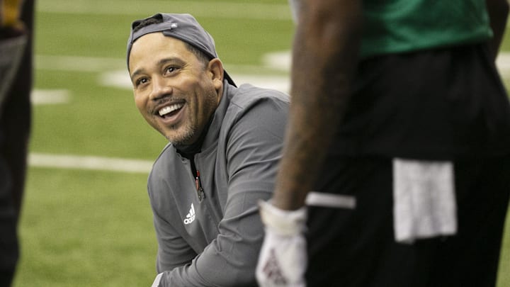ASU interim wide receiver coach Bobby Wade smiles during an ASU football practice at the Kajikawa Practice Facility in Tempe on August 16, 2021.

Asu Football Practice