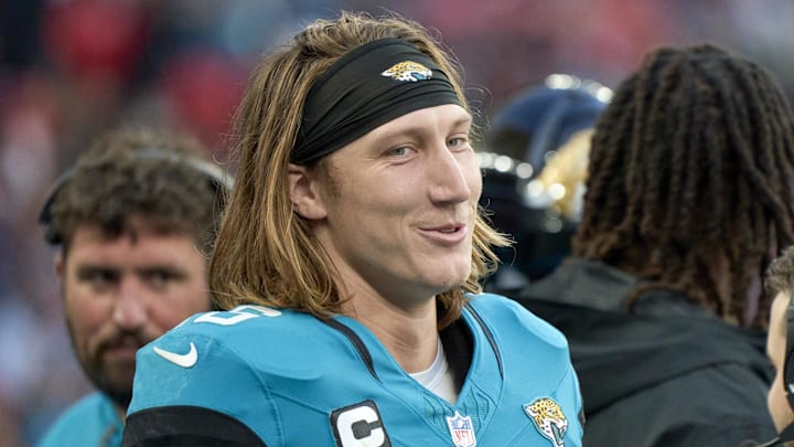 Oct 20, 2024; London, United Kingdom; Jacksonville Jaguars quarterback Trevor Lawrence (16) smiles in the second half during an NFL International Series game at Wembley Stadium. Mandatory Credit: Peter van den Berg-Imagn Images