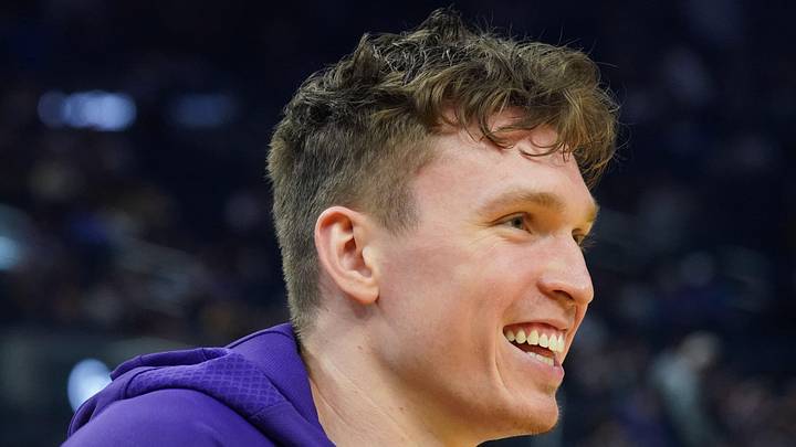 Oct 5, 2025; San Francisco, California, USA;  Los Angeles Lakers forward Dalton Knecht (4) warms up before the game against the Golden State Warriors at Chase Center. Mandatory Credit: David Gonzales-Imagn Images