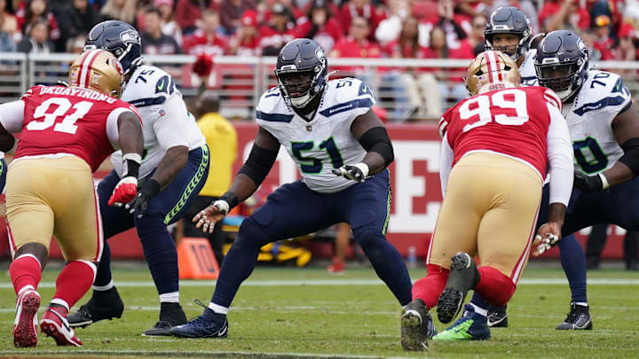 Nov 17, 2024; Santa Clara, California, USA; Seattle Seahawks center Olu Oluwatimi (51) blocks San Francisco 49ers defensive tackle Sam Okuayinonu (91) in the second quarter at Levi's Stadium. Nov 17, 2024; Santa Clara, California, USA; Seattle Seahawks center Olu Oluwatimi (51) blocks San Francisco 49ers defensive tackle Sam Okuayinonu (91) in the second quarter at Levi's Stadium.