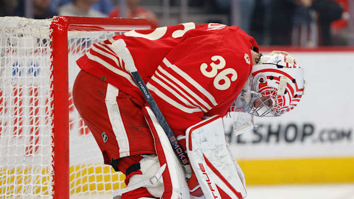 Apr 11, 2026; Detroit, Michigan, USA;  Detroit Red Wings goaltender John Gibson (36) reacts in the first period against the New Jersey Devils at Little Caesars Arena. Mandatory Credit: Rick Osentoski-Imagn Images