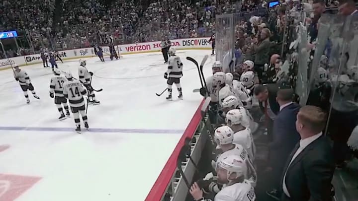 Fans at Ball Arena broke the glass behind the visitors bench during Game 2 of the NHL playoff series between the Kings and Avalanche.