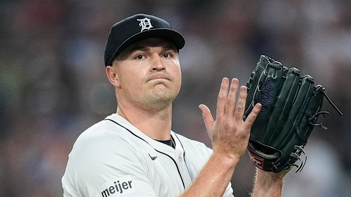 Detroit Tigers pitcher Tarik Skubal (29) walks off the field after a pitching change against Chicago Cubs during the eighth inning at Comerica Park in Detroit on Friday, June 6, 2025.