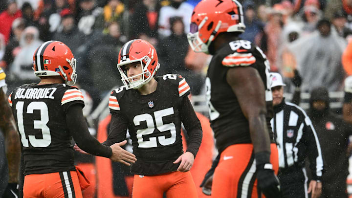 Dec 28, 2025; Cleveland, Ohio, USA; Cleveland Browns kicker Andre Szmyt (25) and punter Corey Bojorquez (13) celebrate after a field goal in the first quarter against the Pittsburgh Steelers at Huntington Bank Field. Mandatory Credit: Ken Blaze-Imagn Images
